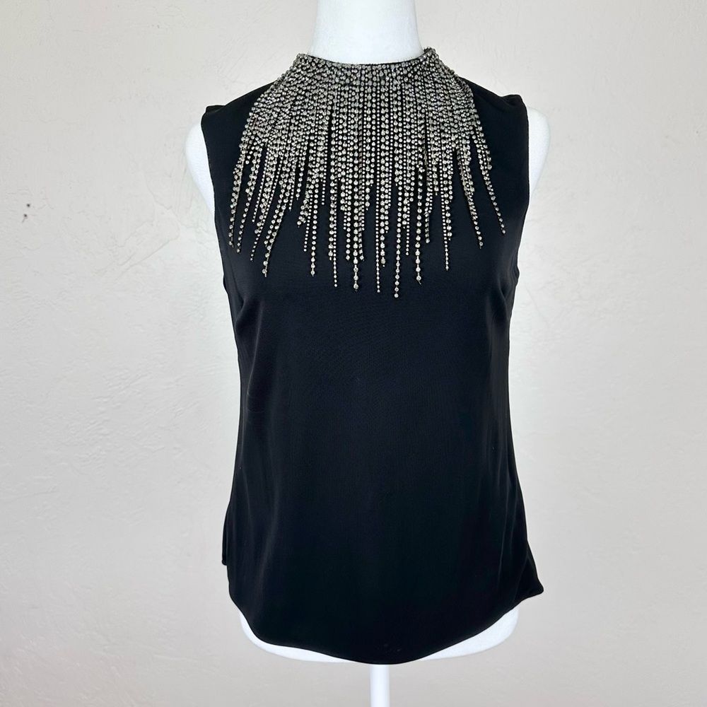 Badgley Mischka Sleeveless Black Mock Neck Top Draped Rhinestones Chain Collar 2